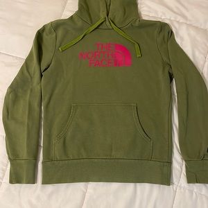 The North Face hoodie bright hot pink logo sweatshirt olive green cotton
